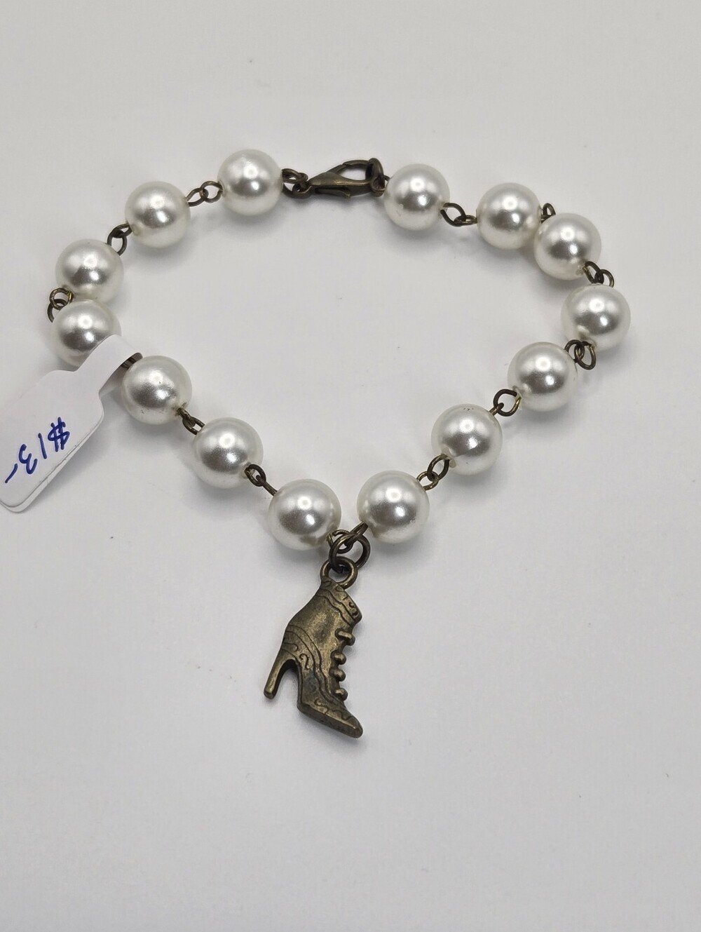 Victorian Boot Charm Bracelet With Faux Pearls And Bronze Finnish Handmade